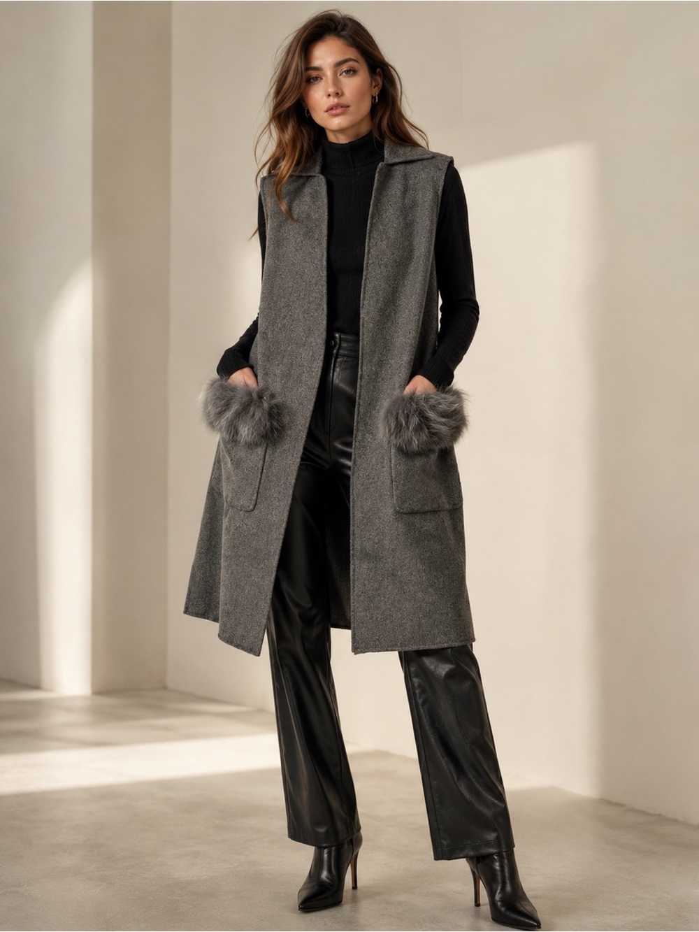ADD by Nice Claup Handmade Sleeveless Faux Fur Trim Wool-Blend Vest - Gray